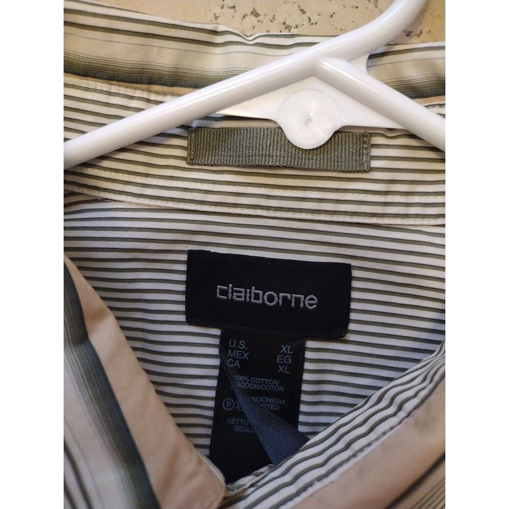 CLAIBORNE Button Down Shirt Men XL Tan Green Diagonal Striped Long Sleeves‎ - Picture 3 of 7